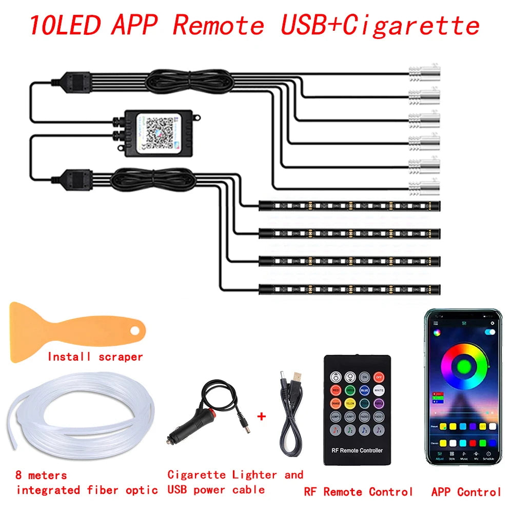 LED Car Interior Ambient Strip Lights RGB Fiber Optic Atmosphere Neon Lighting Kit