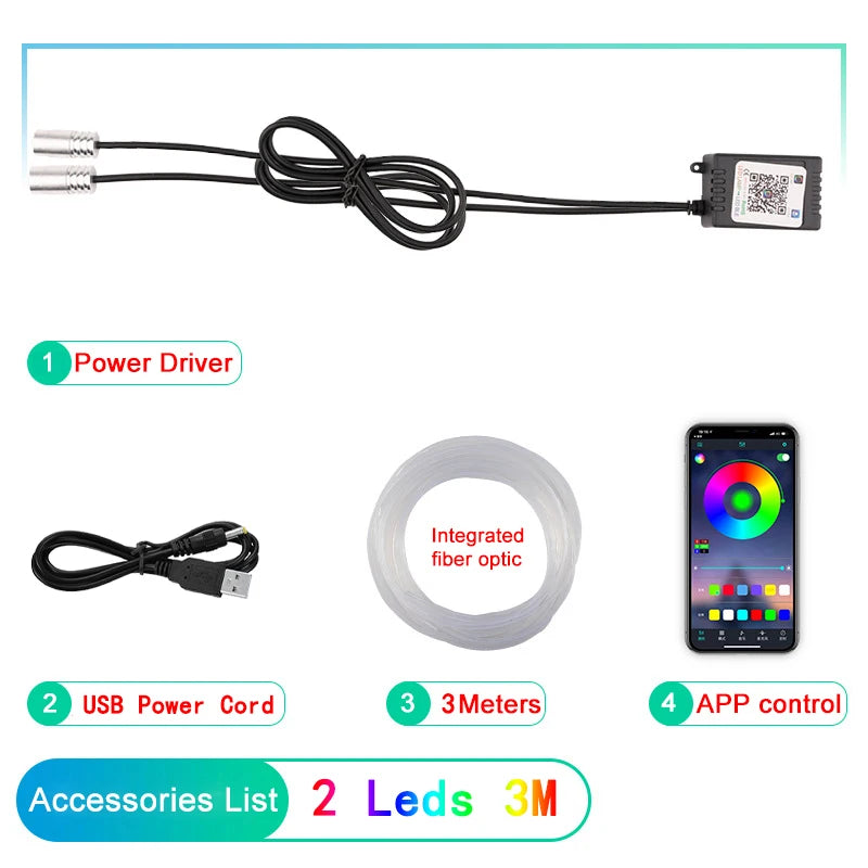 LED Car Interior Ambient Strip Lights RGB Fiber Optic Atmosphere Neon Lighting Kit