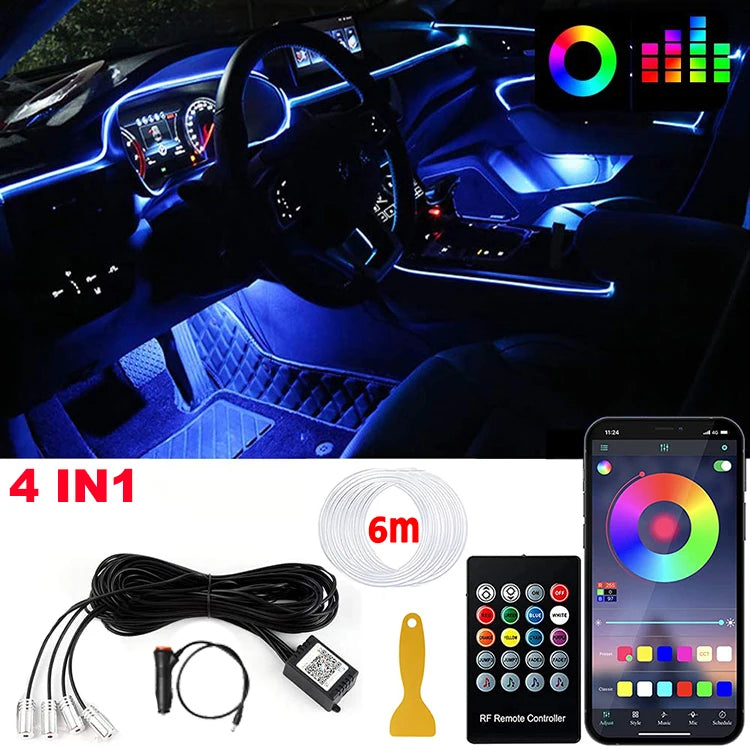 LED Car Interior Ambient Strip Lights RGB Fiber Optic Atmosphere Neon Lighting Kit