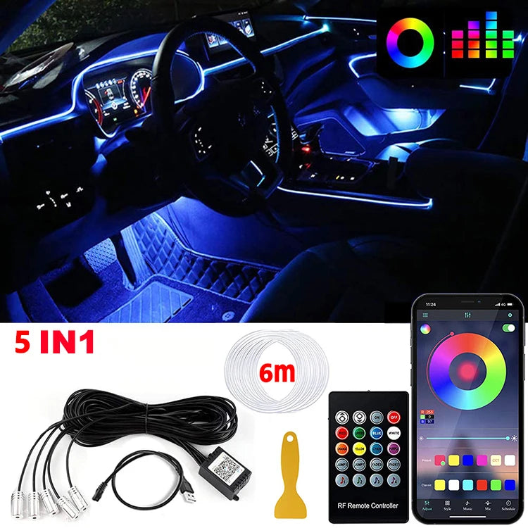 LED Car Interior Ambient Strip Lights RGB Fiber Optic Atmosphere Neon Lighting Kit