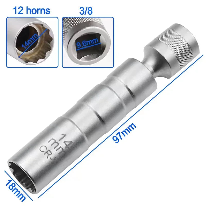 Spark Plug Socket Wrench Adapter 14mm16mm Set Universal Joint with Magnetic Flexible Socket Thin Wall 3/8"