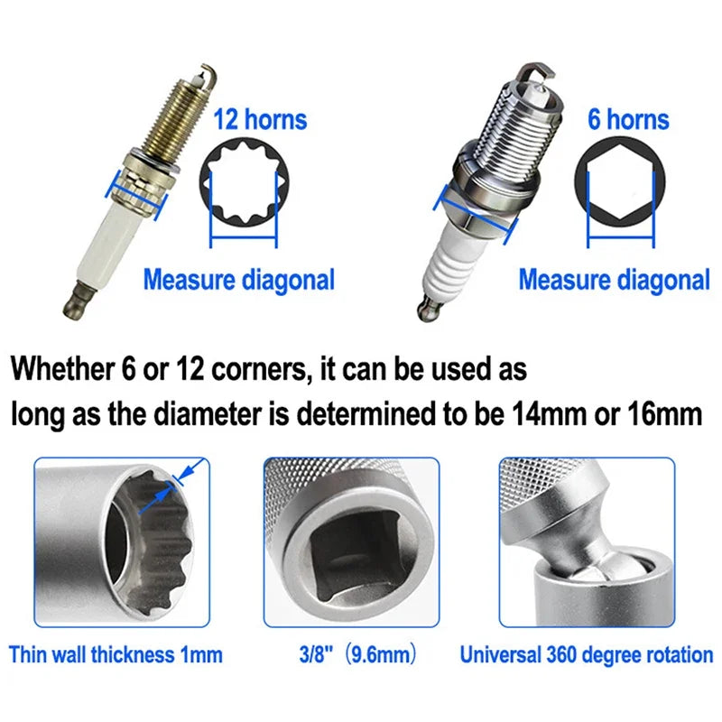 Spark Plug Socket Wrench Adapter 14mm16mm Set Universal Joint with Magnetic Flexible Socket Thin Wall 3/8"