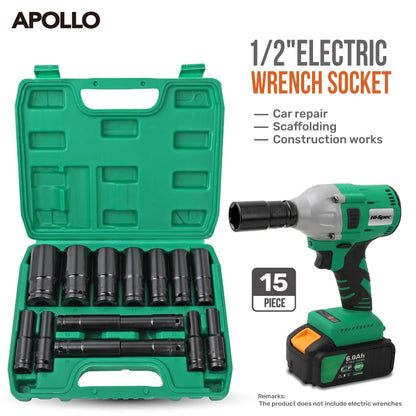 Apollo 10PC 1/2" Deep Impact Socket Set 8-32mm - 6-Point Hex Heavy Duty with Storage Case for Automotive/Electric Tool Repair