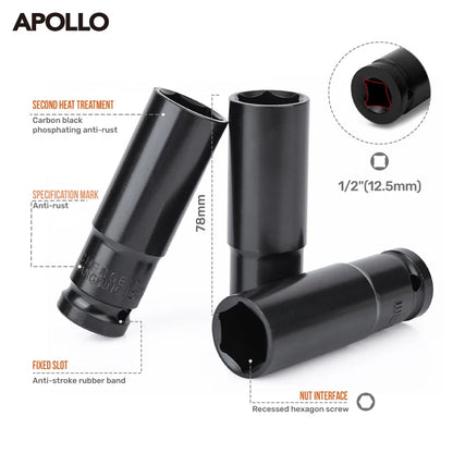 Apollo 10PC 1/2" Deep Impact Socket Set 8-32mm - 6-Point Hex Heavy Duty with Storage Case for Automotive/Electric Tool Repair