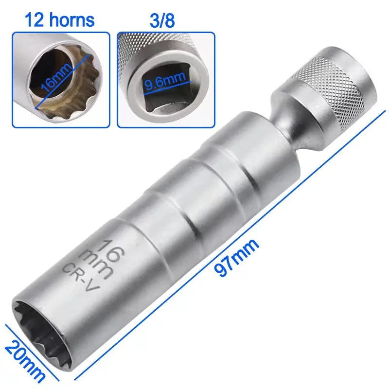 Spark Plug Socket Wrench Adapter 14mm16mm Set Universal Joint with Magnetic Flexible Socket Thin Wall 3/8"