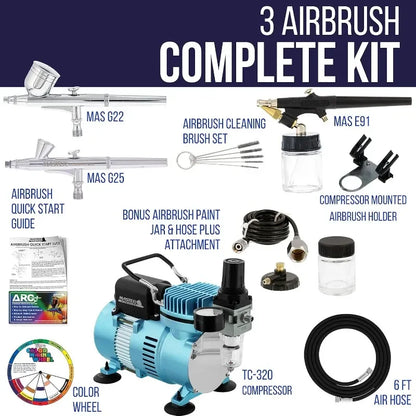 Dual Fan Air Compressor Professional Airbrushing System Kit with 3 gravity Airbrushes