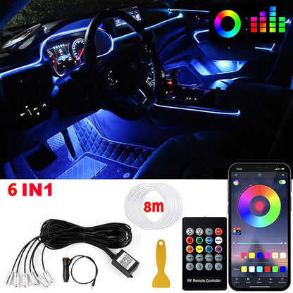 LED Car Interior Ambient Strip Lights RGB Fiber Optic Atmosphere Neon Lighting Kit