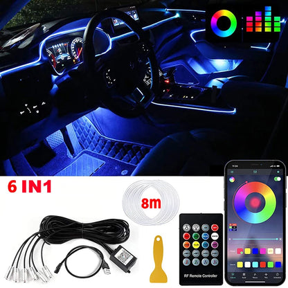 LED Car Interior Ambient Strip Lights RGB Fiber Optic Atmosphere Neon Lighting Kit