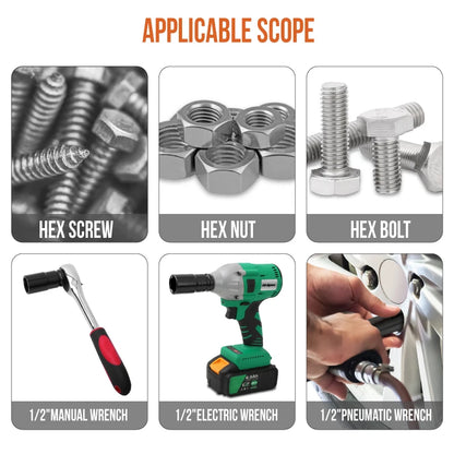 Apollo 10PC 1/2" Deep Impact Socket Set 8-32mm - 6-Point Hex Heavy Duty with Storage Case for Automotive/Electric Tool Repair