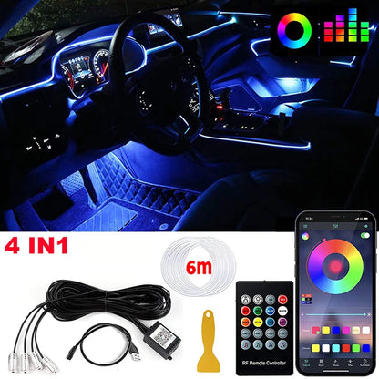 LED Car Interior Ambient Strip Lights RGB Fiber Optic Atmosphere Neon Lighting Kit